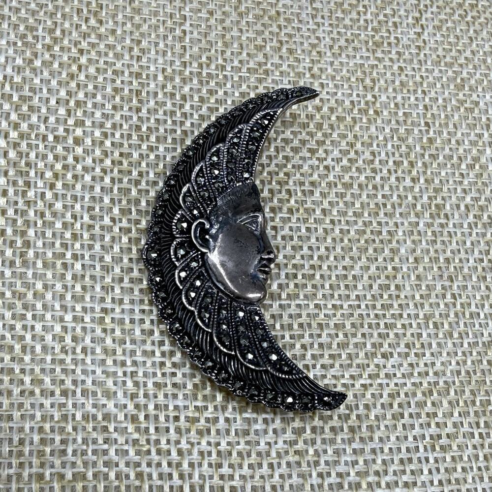 Vintage 925 Sterling Silver Marcasite Crescent Man in Moon Face Celestial Brooch